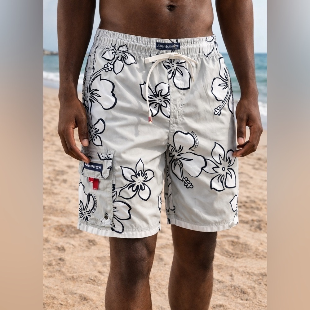 Abercrombie and Fitch Men's Floral Swim Shorts - gray and White